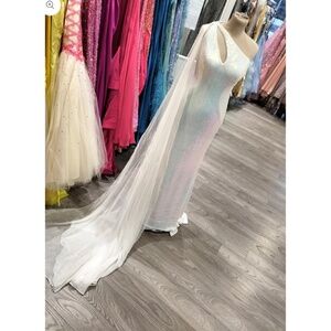 Jovani 08012 MAKE AN OFFER iridescent white one shoulder pageant dress with cape